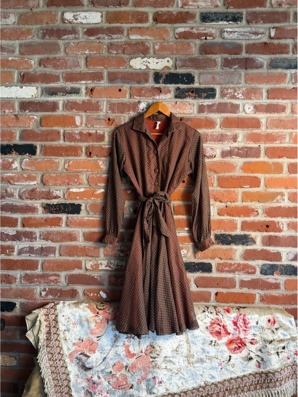 Vintage Brown Polka Dot Long Sleeve Midi Dress with Tie Waist